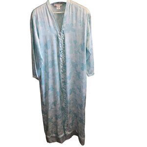 Vintage Oscar dela Renta Blue Floral Satin zippered Robe Womens Loungewear M